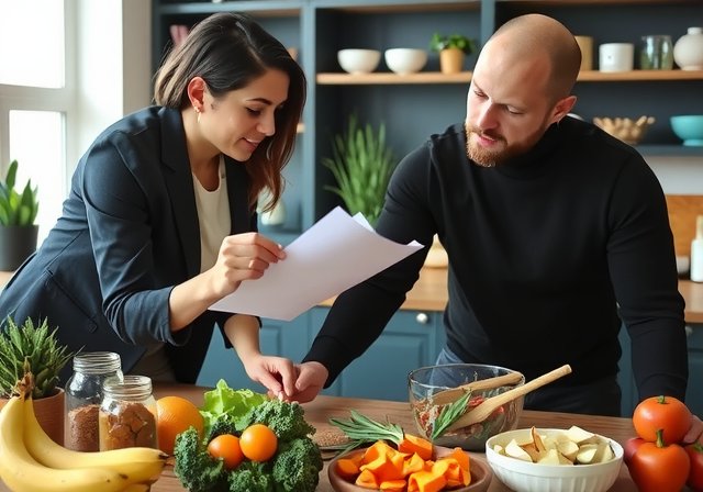 Nutrition coach consulting with client over colorful healthy meal plan, fresh fruits, vegetables, proteins on table, professional setting