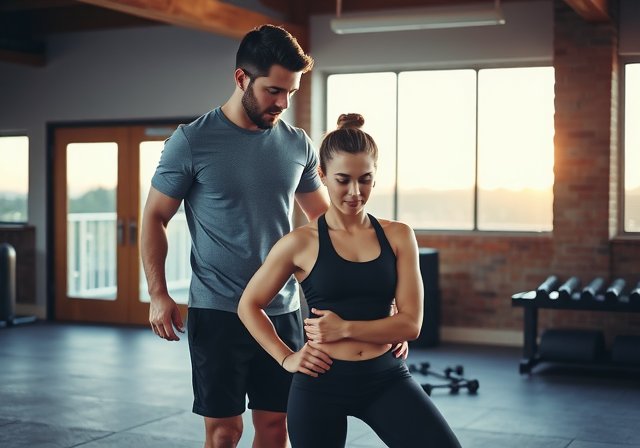 Personal trainer working one-on-one with a client in a contemporary gym, focused on form during exercise